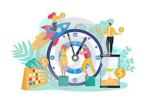 Business team time management with big clock concept, vector illustration. Man woman strategy for money, flat finance