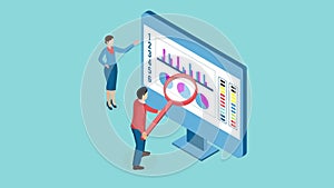 A business team using data visualization and financial investment monitoring to analyze business data. 2D isometric Animation