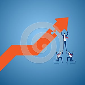 Business team using stairs to building growth graph and preparing for the big profit. Solving finances concept.