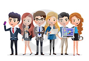 Business team vector characters. Business characters marketing team and manager standing.