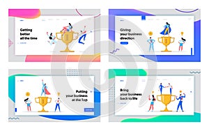 Business Team with Winner Golden Cup Landing Page Set. People Characters Celebrating Victory with Prize. Teamwork