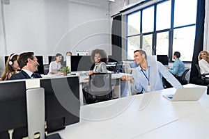 Business Team Working Concept Modern Open Space Office, Businesspeople Group Coworkers Sitting At Computers Talking On