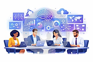 Business Team Working on Laptops with Artificial Intelligence and Data Analytics Interface