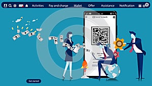 Business team is working  Online payment, Smartphone screen with QR code for online payment transfer,with Text  Activities,Pay and
