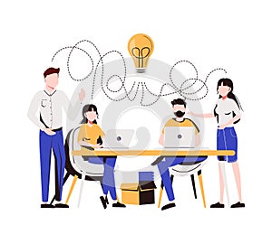 Business team working together, brainstorming, discussing ideas for project. People meeting at desk in office. Vector illustration