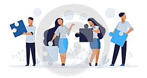 Business teamwork concept. Cartoon people with puzzle elements, teamwork collaboration and people connection vector photo