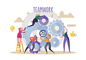 Business Teamwork Concept. Flat People Characters Running Gears Mechanism. Engineering Product Development