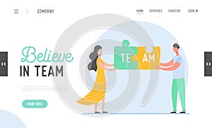 Business Teamwork Concept Landing Page. Man and Woman Characters Connecting Puzzle Pieces. Creative Solutions