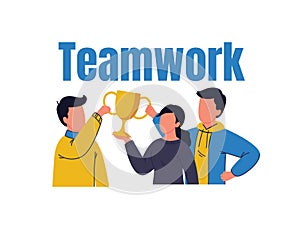 Business Teamwork concept. Successful team of three won a trophy. Flat cartoon vector illustration