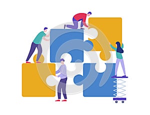 Business Teamwork Concept. Tiny Characters Connecting Puzzle Pieces. Creative Solutions, Collaboration and Partnership