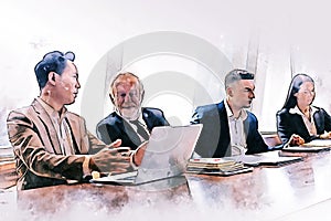 Business teamwork discuss and meeting in meeting room on watercolor illustration painting background.