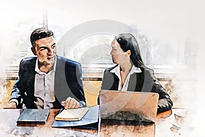 Business teamwork discuss and meeting in meeting room on watercolor illustration painting background.