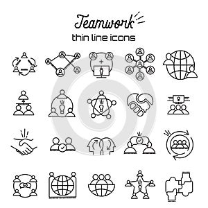 Business teamwork icon set in thin line style Team, partnership, organization structure line icons Vector