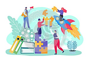 Business teamwork for idea, team people make puzzle concept, vector illustration. Businessman woman put together jigsaw