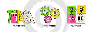 Business Teamwork illustrations. Mini scene. Collection of scenes with cute old cartoon faces. Trendy vector style