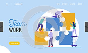 Business Teamwork Landing Page Template. Tiny Characters Connecting Puzzle Pieces. Creative Solutions, Collaboration