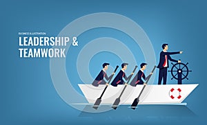 Business teamwork leadership concept. Businessmen working in team, Group of people rowing boat together to achieve same goal and