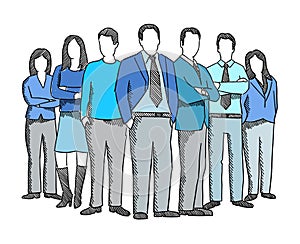 Business teamwork people sketch. Company business group office clerks. Staff and manager. Hand drawn. Hatched drawing