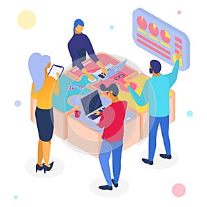 Business teamwork puzzle, isometric vector illustration. People team character work at web design for success. Flat