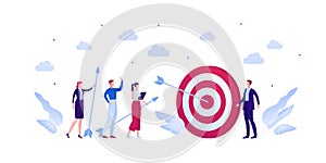 Business teamwork success concept. Vector flat person illustration. Group of businessman and woman in suit hit target with arrow