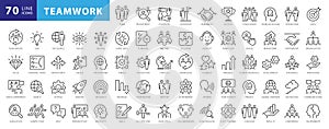 Business teamwork, team building, work group and human resources minimal thin line web icon set.