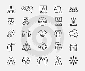 Business teamwork, team building, work group and human resources minimal thin line web icon set