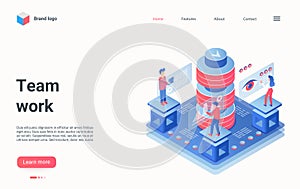 Business teamwork technology isometric landing page, people work with digital documents