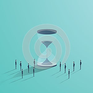 Business teamwork and time vector concept. Businessmen standing around hourglass, symbol of deadline, project management