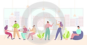 Business teamwork, workplace vector illustration, cartoon corporate group team of people work in office interior, flat
