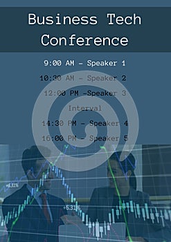 Business tech conference, timings, speaker 1,2,3,4,5 over graphs and caucasian colleagues discussing