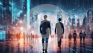 Business technology concept, Professional business man walking on future network city backgroun