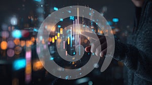 Business Technology Concept With Touchscreen Data Visualization In A Night Cityscape Interface For Analytics