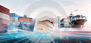 Business and Technology Digital Future of Partnership Transport Concept, Double Exposure Polygon Wireframe Handshake and Container