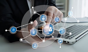 Business Technology Integration with Data Analysis and Financial Growth Concept Using Digital Interface on Laptop to