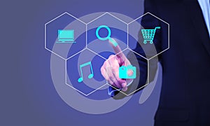 Business, technology and internet concept - businessman pressing Search button on virtual screens