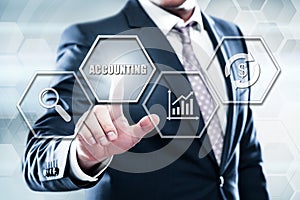 Businessman pressing button on touch screen interface and select accounting photo