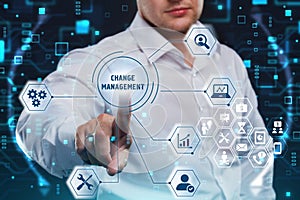 Business, Technology, Internet and network concept. Marketing content. Businessman presses a button Change management  on the