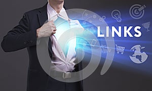 Business, Technology, Internet and network concept. Young businessman shows the word: Links photo