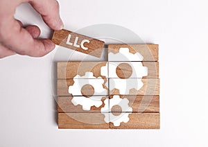 Business, Technology, Internet and network concept. Young businessman shows the word: LLC photo