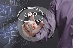 Business, Technology, Internet and network concept. Young businessman shows the word: CMO