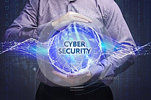 Business, Technology, Internet and network concept. Young businessman shows the word: Cyber security