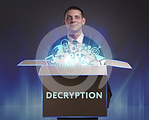 Business, Technology, Internet and network concept. Young businessman shows the word: Decryption