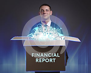 Business, Technology, Internet and network concept. Young businessman shows the word: Financial report