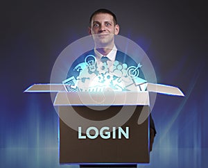 Business, Technology, Internet and network concept. Young businessman shows the word: Login