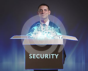 Business, Technology, Internet and network concept. Young businessman shows the word: Security