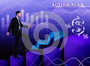 Business, technology, internet and network concept. Young businessman thinks over the steps for successful growth: Action plan