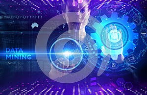 Business, technology, internet and network concept. Young businessman thinks over the steps for successful growth: Data mining