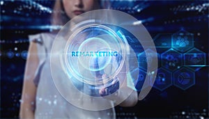 Business, technology, internet and network concept. Young businessman thinks over the steps for successful growth: Remarketing