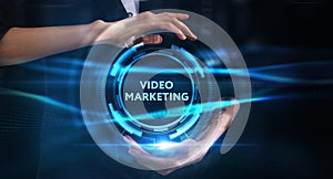 Business, technology, internet and network concept. Young businessman thinks over the steps for successful growth: Video marketing