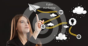 Business, technology, internet and network concept. Young businessman thinks over the steps for successful growth: Video marketing